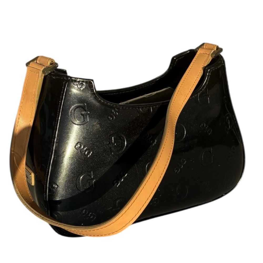 Guess Black Patent Logo Shoulder Bag Y2K Baguette Retro - Picture 2 of 8